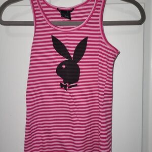 (S)💋Playboy💋Pink/White Striped Tank Top🩷 Ptp 13"×L24